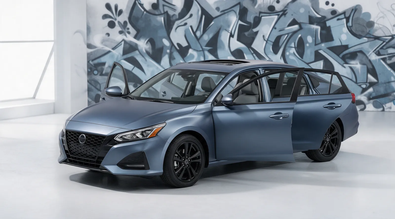 Sedan fully wrapped in matte steel blue