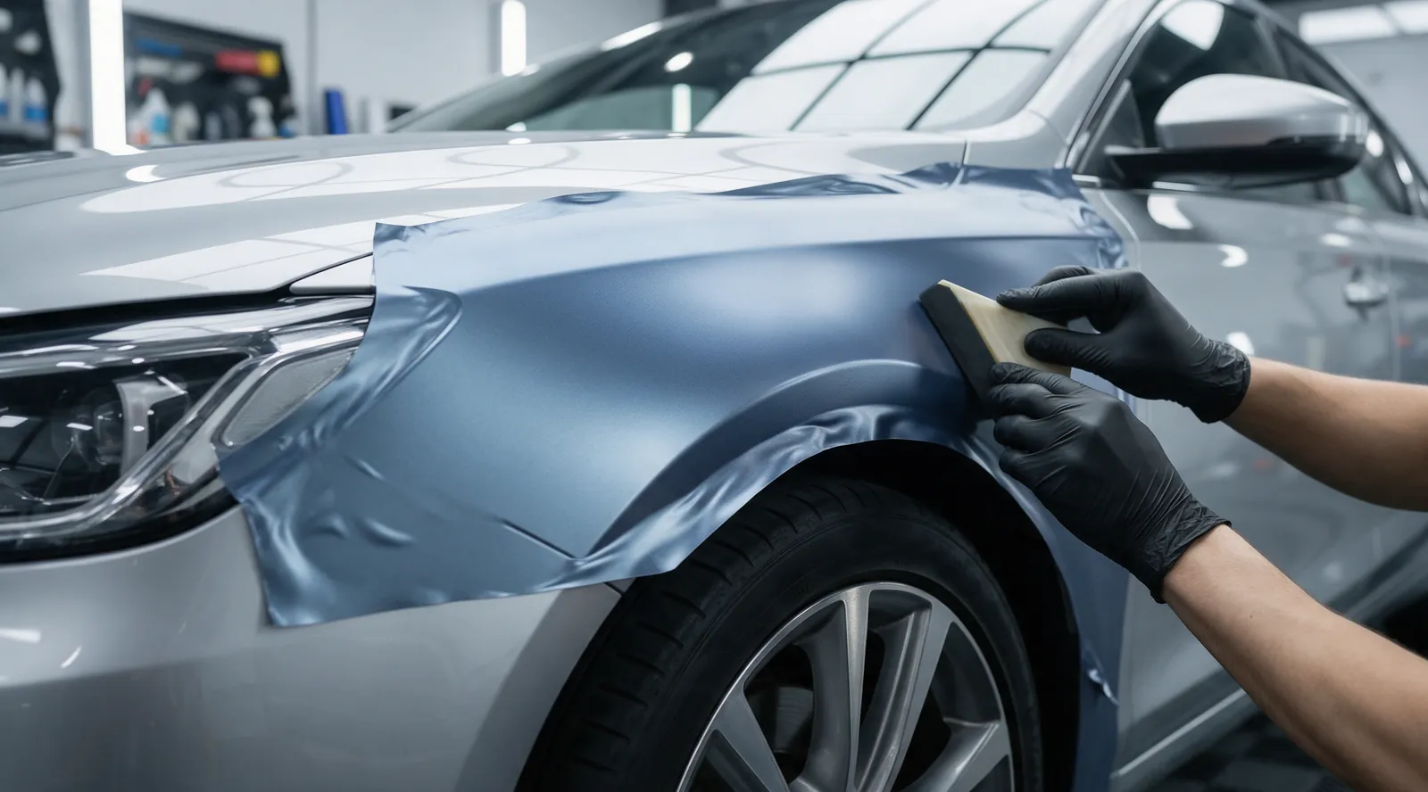 Technician squeegeeing matte blue film onto a fender